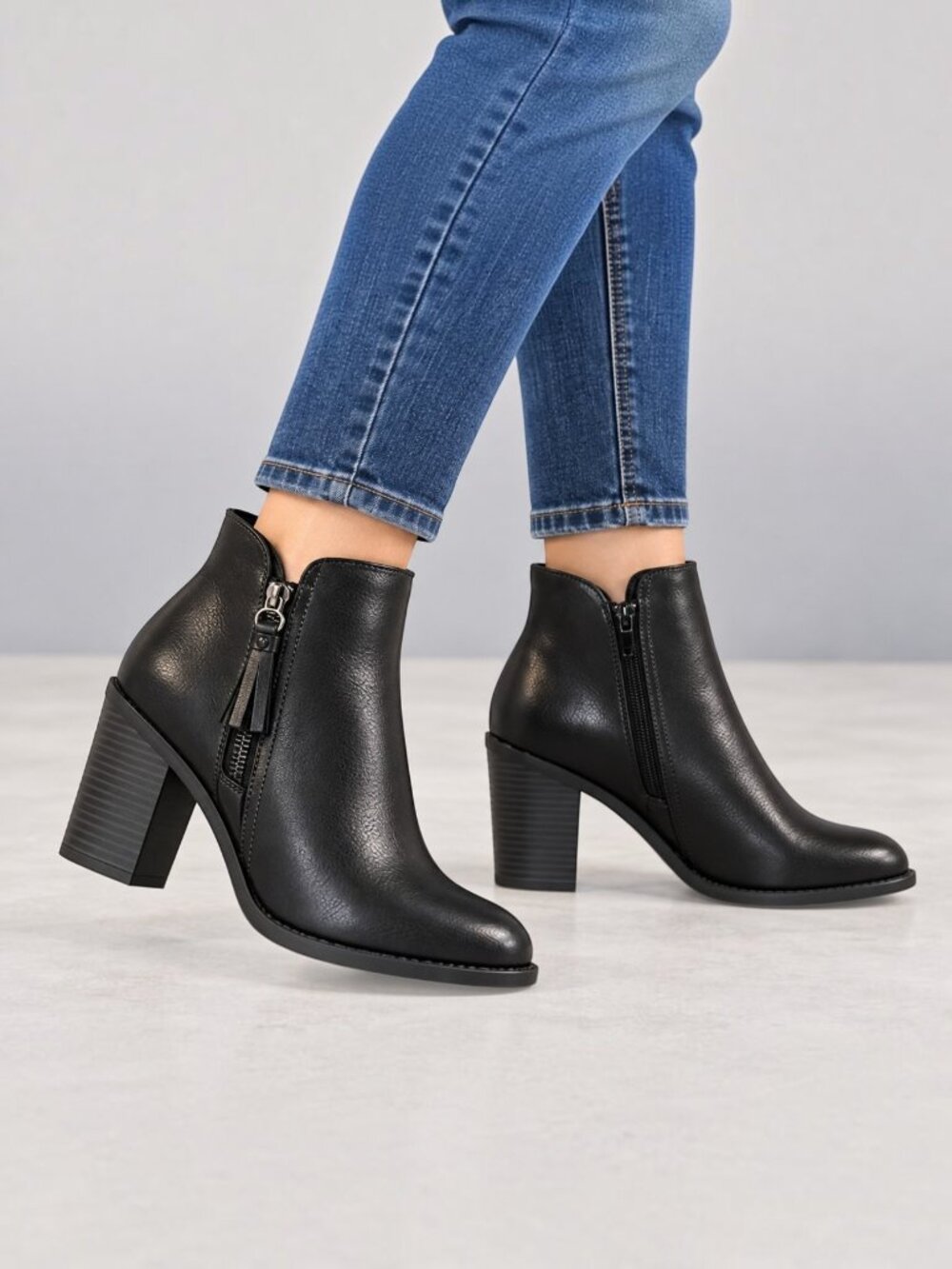 Black Faux Leather Double Zip Tassel Ankle Boots Stacked Heel Booties